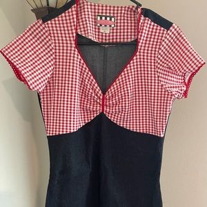 Red gingham and dark denim rockabilly dress